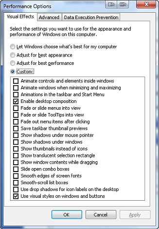 Windows Performance Options - Customizing for Aero Glass